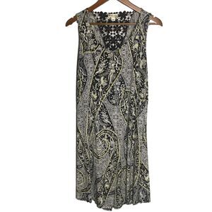 WORLD UNITY black white yellow paisley floral sleeveless scoop neck lace dress L